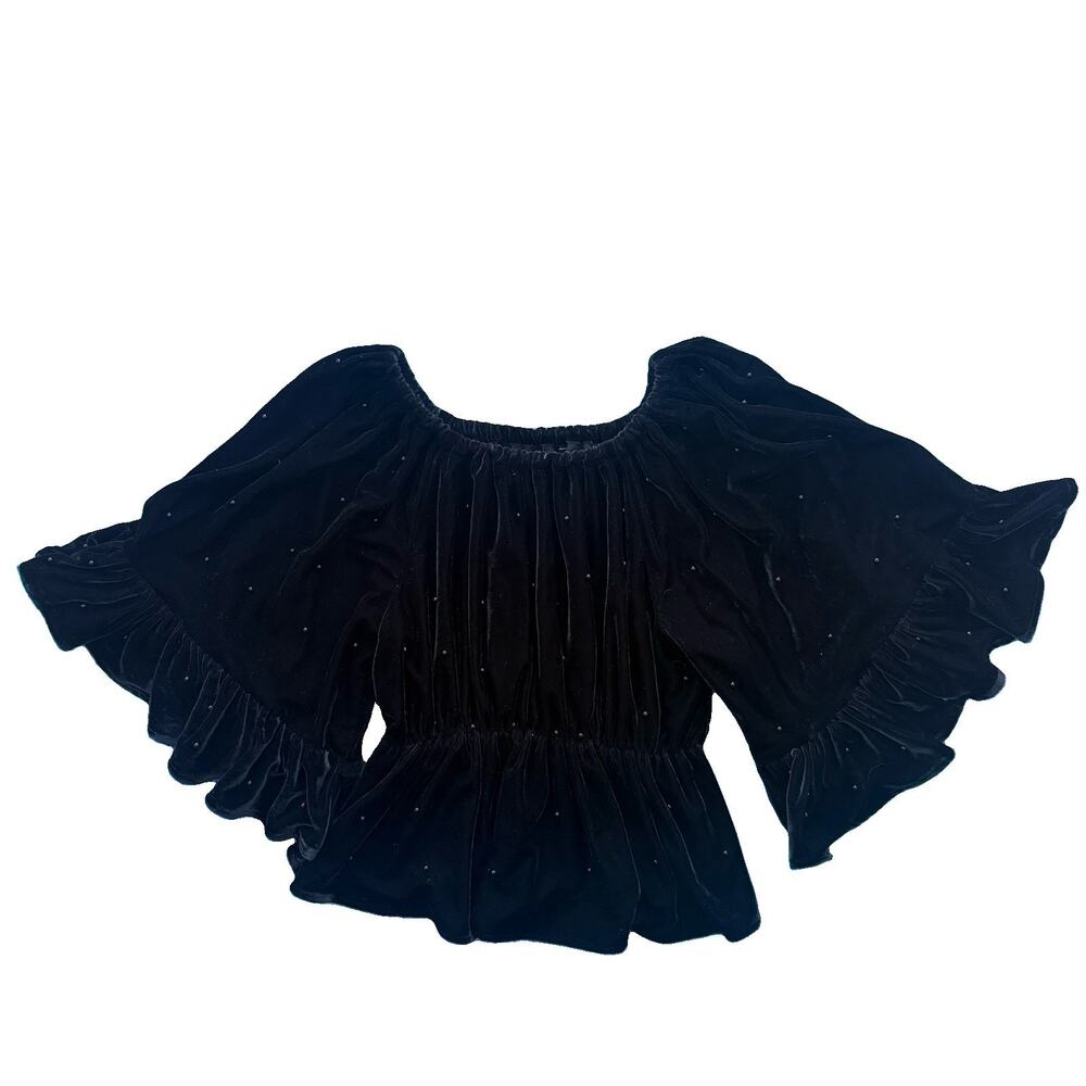 Nasty Gal Size Small Black Velvet Peasant Top Bell Sleeve Witchy Rhinestone